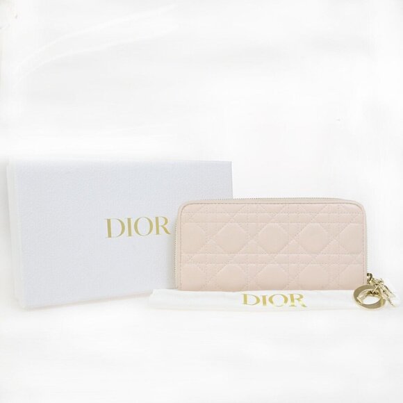 CHRISTIAN DIOR Logo Cannage Zipper Around Long Wallet Leather Pink GHW 80EB919 - Picture 1 of 16